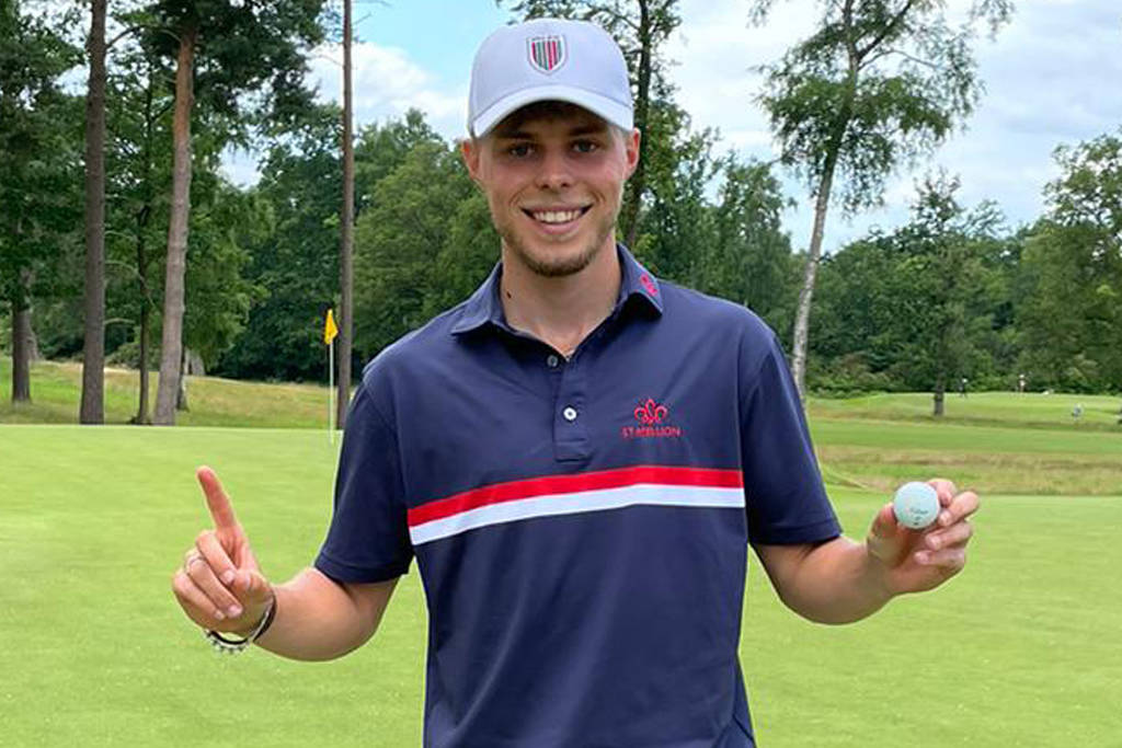 William O'Halloran celebrates after finding a hole-in-one during Regional Qualifying for The Open